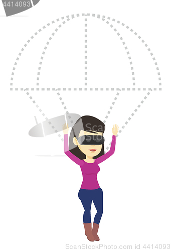 Image of Happy woman in vr headset flying with parachute.