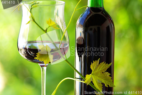 Image of Glass and bottle of red wine.