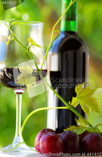 Image of Glass and bottle of red wine.