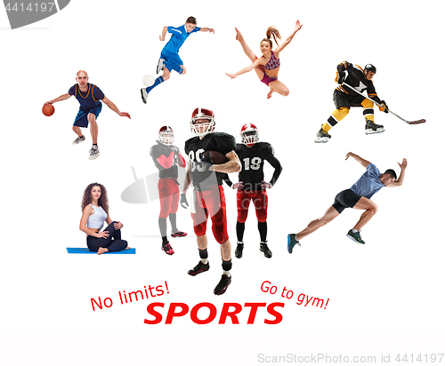 Image of The conceptual multi sports collage with american football, hockey, soccer, jogging, artistic gymnastics, basketball, yoga, pilates sports