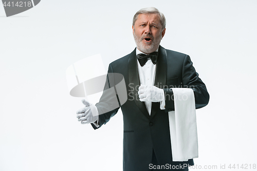 Image of Senior waiter holding white towel