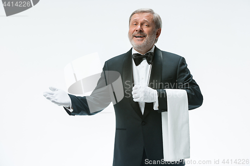 Image of Senior waiter holding white towel