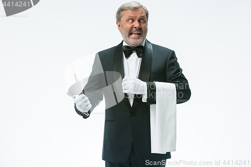 Image of Senior waiter holding white towel