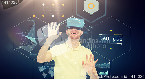 Image of happy man in virtual reality headset or 3d glasses