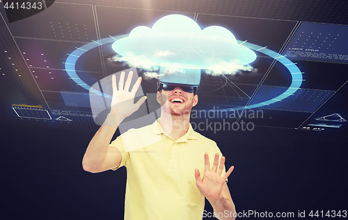 Image of happy man in virtual reality headset or 3d glasses