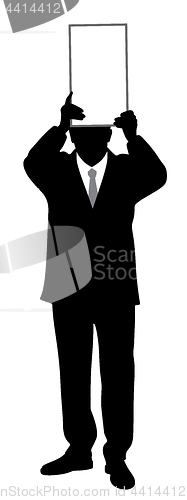 Image of Businessman holding blank board above his head
