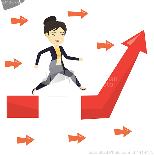 Image of Business woman jumping over gap on arrow going up.