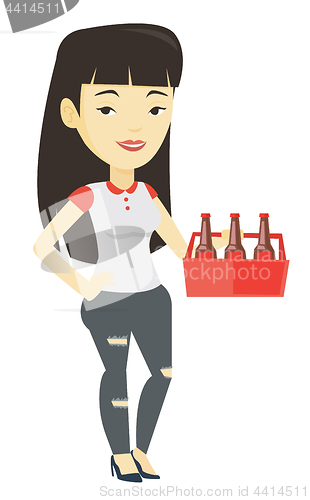 Image of Woman with pack of beer vector illustration.