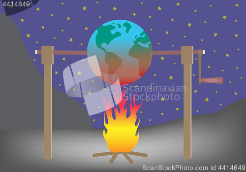 Image of Planet earth roasting over fire Global warming concept