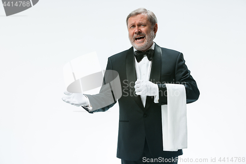 Image of Senior waiter holding white towel