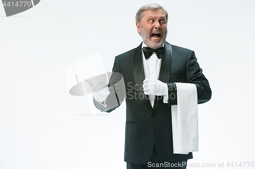 Image of Senior waiter holding white towel