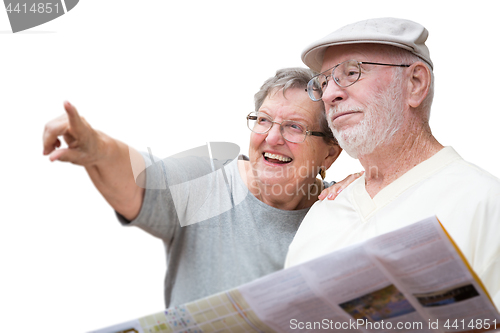 Image of Happy Senior Adult Couple with Brochure Pointing Isolated on a W