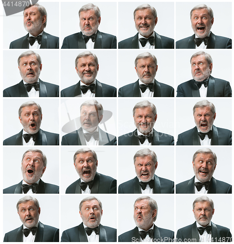 Image of The mosaic of businessman expressing and different emotions. The bearded businessman with suit with 20 different emotions.