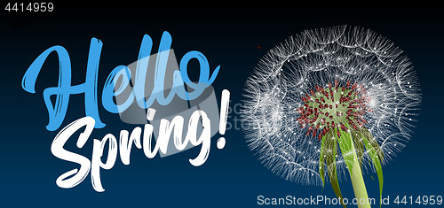 Image of Text message hello spring, against a background of a spring landscape with a dandelion close-up