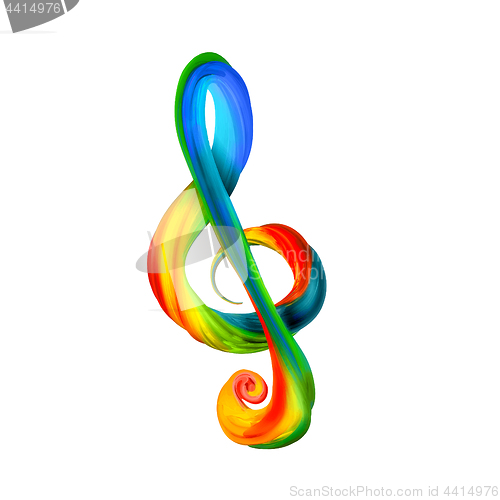 Image of Colorful treble clef in the form of twisted paint on a white background