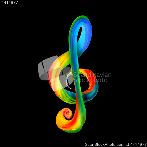 Image of Colorful treble clef in the form of twisted paint on a black background
