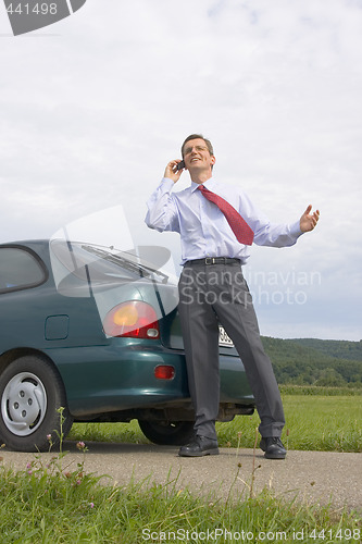 Image of Businessman talking on cell phone beside his car