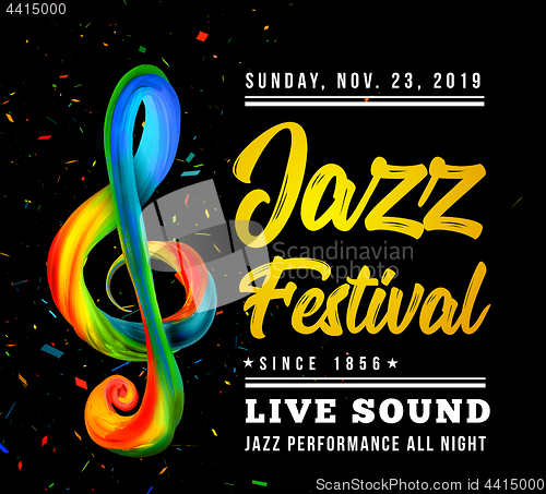 Image of Jazz festival poster template with a treble clef and text on a black background