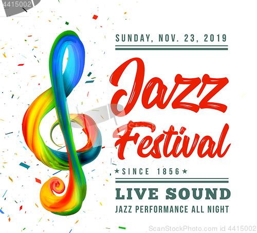 Image of Jazz festival poster template with a treble clef and text on a black background