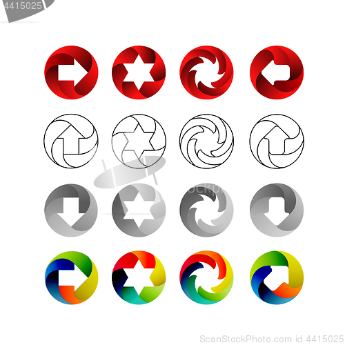 Image of Set of signs, in the circular forms with the shadows inside. Arrows, stars, swirl in circle. Logo set, vector illustration