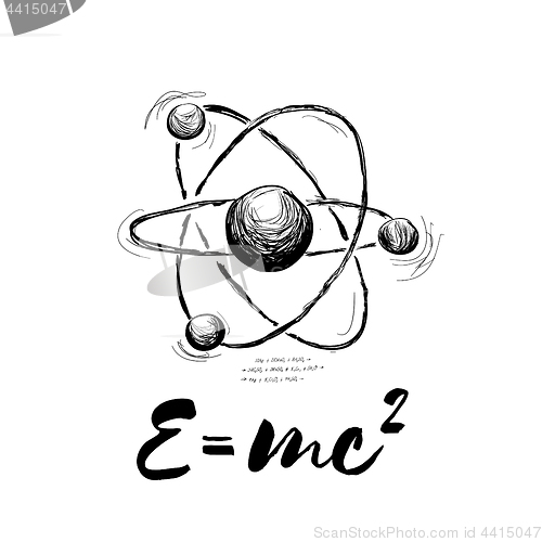 Image of Atom drawn with formula. Vector abstract illustration on white