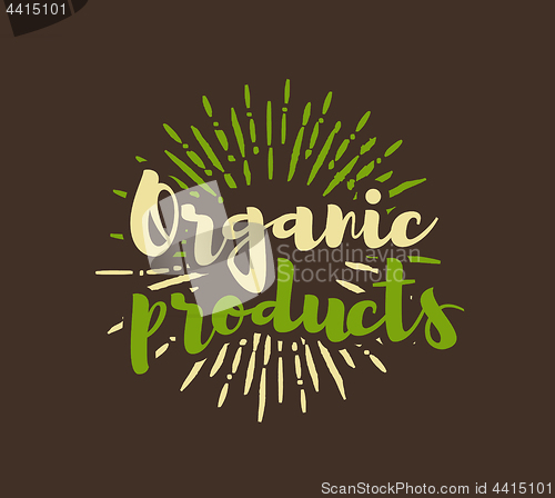 Image of Organic products lettering with sunbursts background. Vector