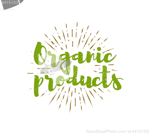 Image of Organic products lettering with sunbursts background. Vector