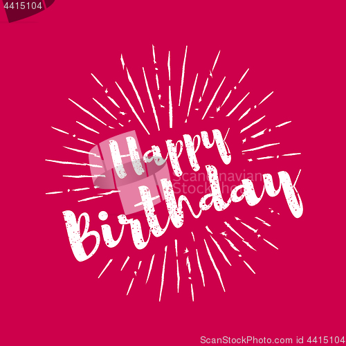 Image of Happy birthday lettering with sunbursts background. Vector