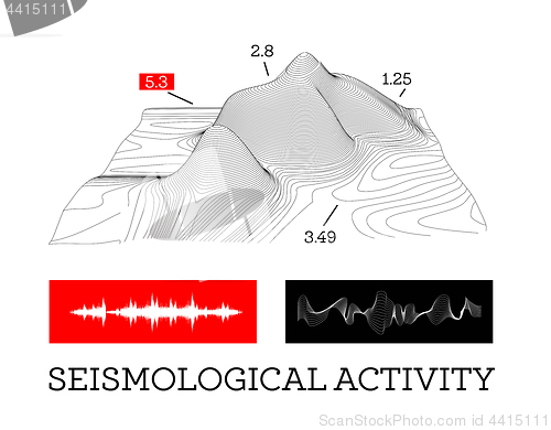 Image of Seismic activity infographics vector illustration with sound waves, graphs and topological relief