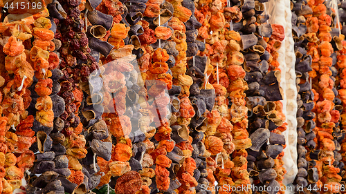 Image of Oriental spices sun dried vegetables at Turkish grocery market