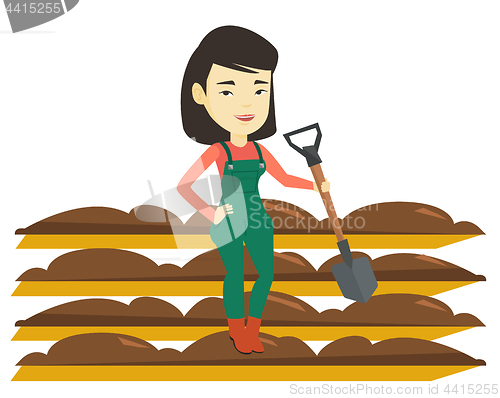 Image of Farmer with shovel at field vector illustration.