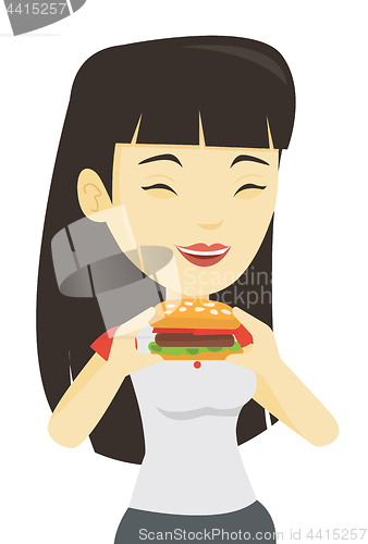 Image of Woman eating hamburger vector illustration.