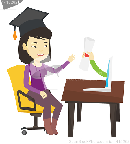 Image of Graduate getting diploma from the computer.