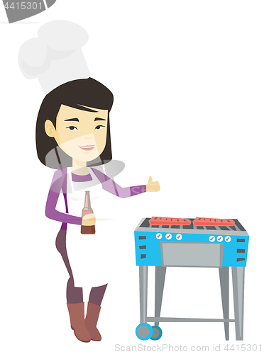 Image of Woman cooking steak on barbecue grill.