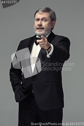 Image of Senior Businessman standing and pointing to camera