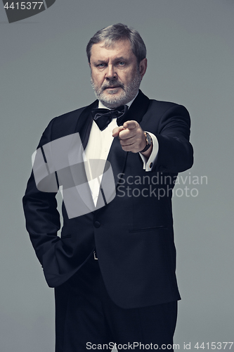 Image of Senior Businessman standing and pointing to camera