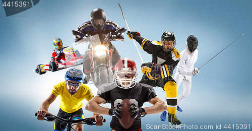 Image of The conceptual multi sports collage with american football, hockey, cyclotourism, fencing, motor sport