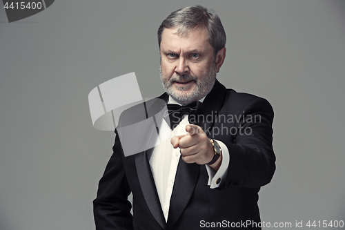 Image of Senior Businessman standing and pointing to camera