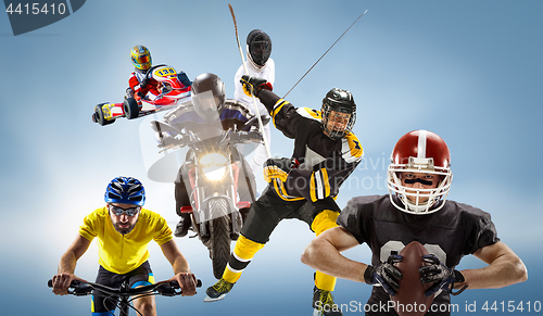 Image of The conceptual multi sports collage with american football, hockey, cyclotourism, fencing, motor sport