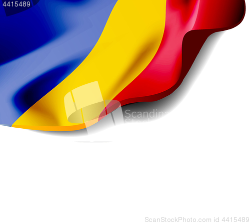 Image of Waving flag of Romania close-up with shadow on white background. Vector illustration with copy space