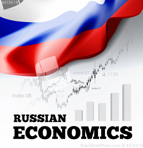 Image of Russian economics vector illustration with Russia flag and business chart, bar chart stock numbers bull market, uptrend line graph symbolizes the growth