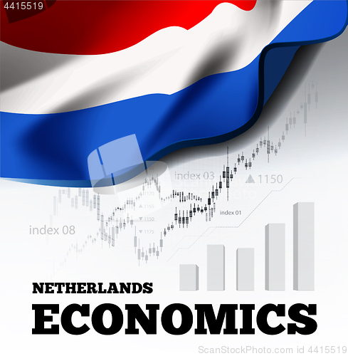 Image of Netherlands economics vector illustration with holland flag and business chart, bar chart stock numbers bull market, uptrend line graph symbolizes the growth