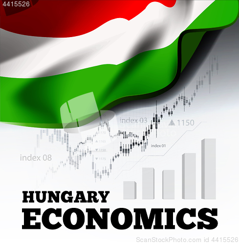 Image of Hungary economics vector illustration with hungarian flag and business chart, bar chart stock numbers bull market, uptrend line graph symbolizes the growth
