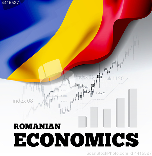 Image of Romanian economics vector illustration with romania flag and business chart, bar chart stock numbers bull market, uptrend line graph symbolizes the growth