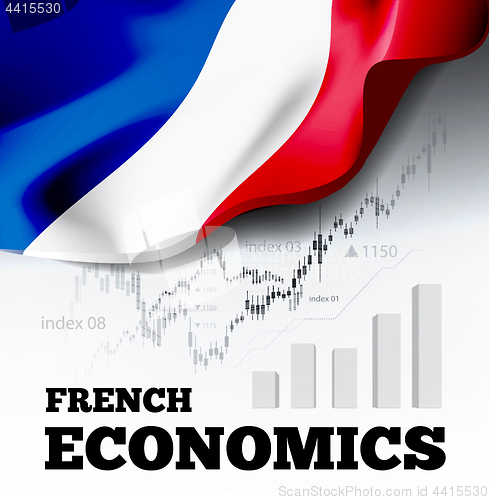 Image of French economics vector illustration with france flag and business chart, bar chart stock numbers bull market, uptrend line graph symbolizes the growth