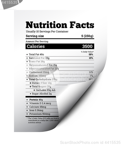Image of Nutrition facts label design with page curl. Vector