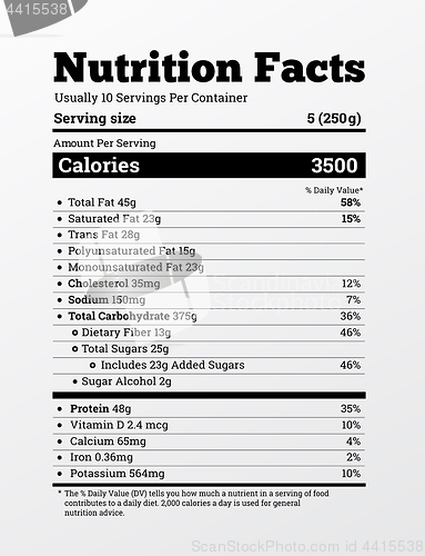 Image of Nutrition facts label design vector . Content of calories, vitamins, fats and other elements