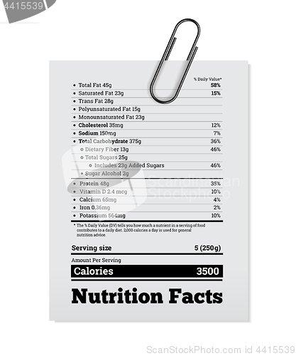 Image of Nutrition facts label design with a paper clip. Vector