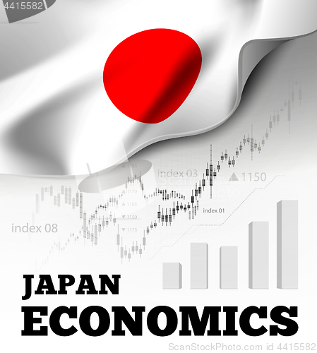 Image of Japan economics vector illustration with japanese flag and business chart, bar chart stock numbers bull market, uptrend line graph symbolizes the growth