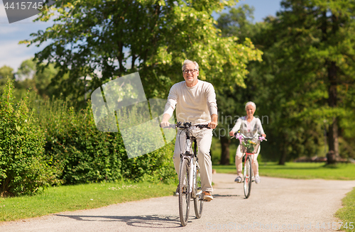 Image of happy senior couple riding bicycles at summer park